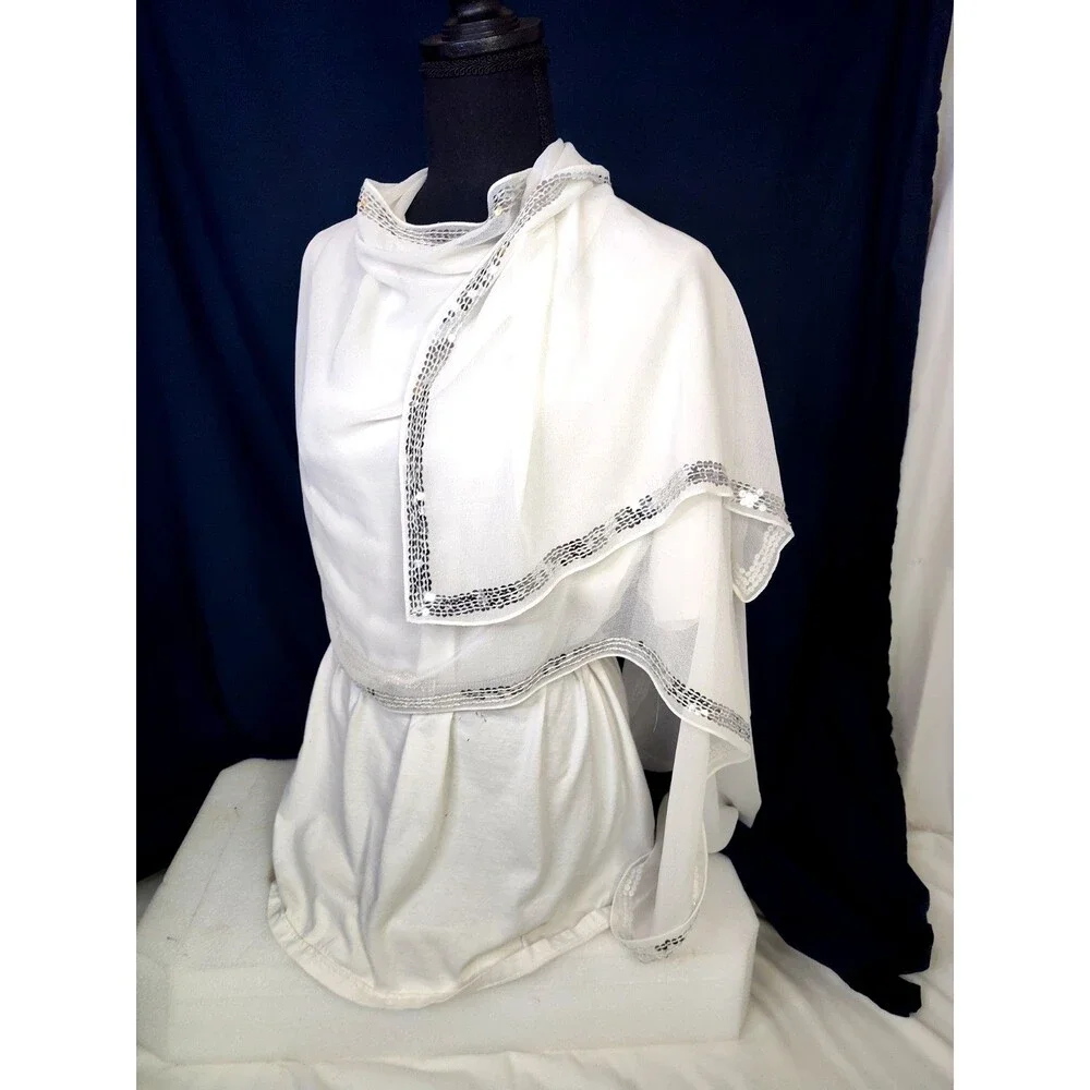Women's Beaded Evening Trim Chiffon Lightweight Scarf Wrap White Sheer  75